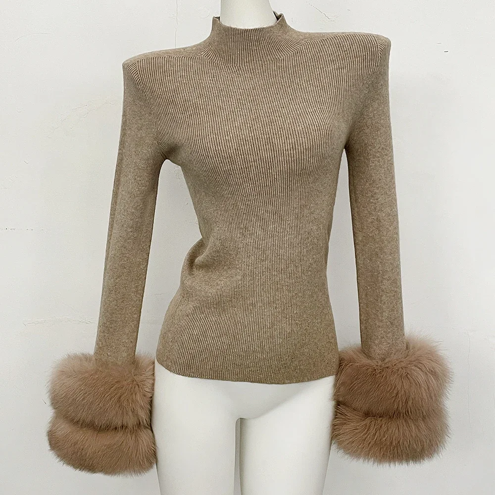 OFTBUY Slim Fit Half Turtleneck Ribbed Knit Sweater for Women Real Fur Cuff Trim Long Sleeve Warm Basic Layering Top New Winter