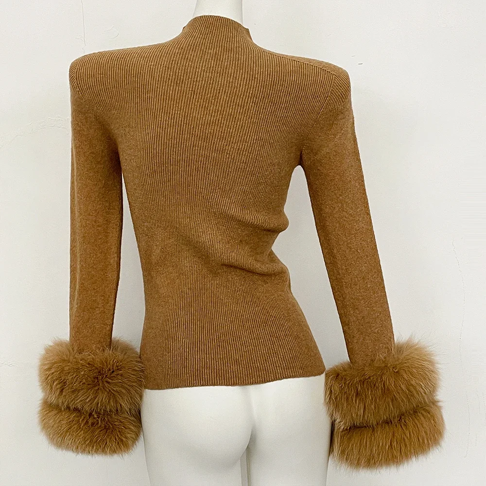 OFTBUY Slim Fit Half Turtleneck Ribbed Knit Sweater for Women Real Fur Cuff Trim Long Sleeve Warm Basic Layering Top New Winter