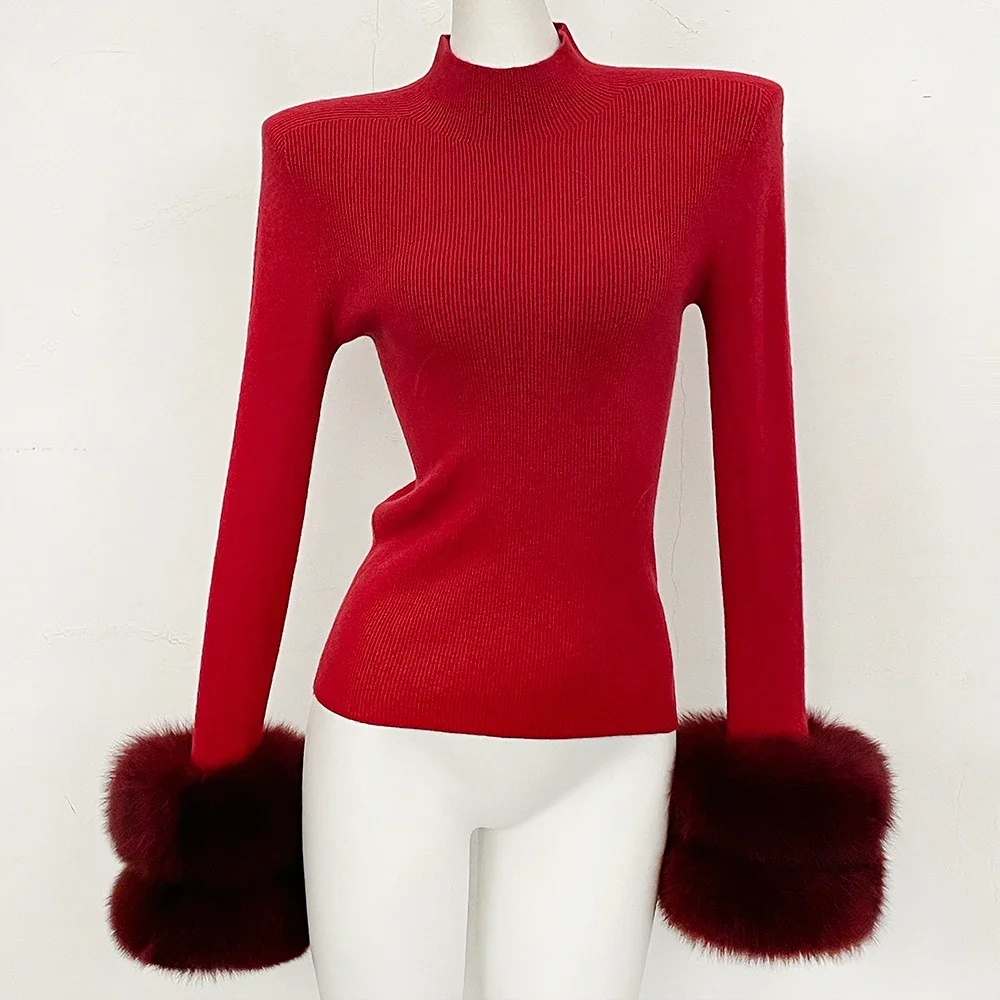 OFTBUY Slim Fit Half Turtleneck Ribbed Knit Sweater for Women Real Fur Cuff Trim Long Sleeve Warm Basic Layering Top New Winter