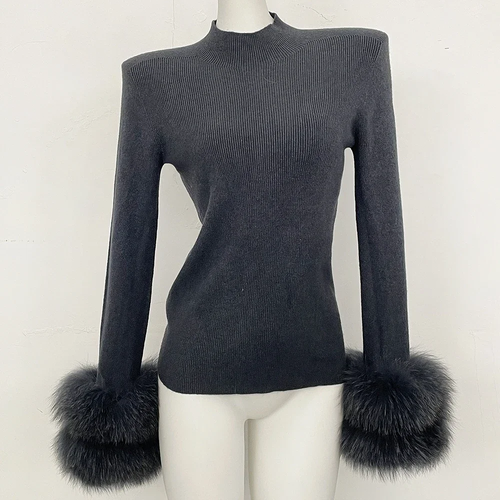 OFTBUY Slim Fit Half Turtleneck Ribbed Knit Sweater for Women Real Fur Cuff Trim Long Sleeve Warm Basic Layering Top New Winter