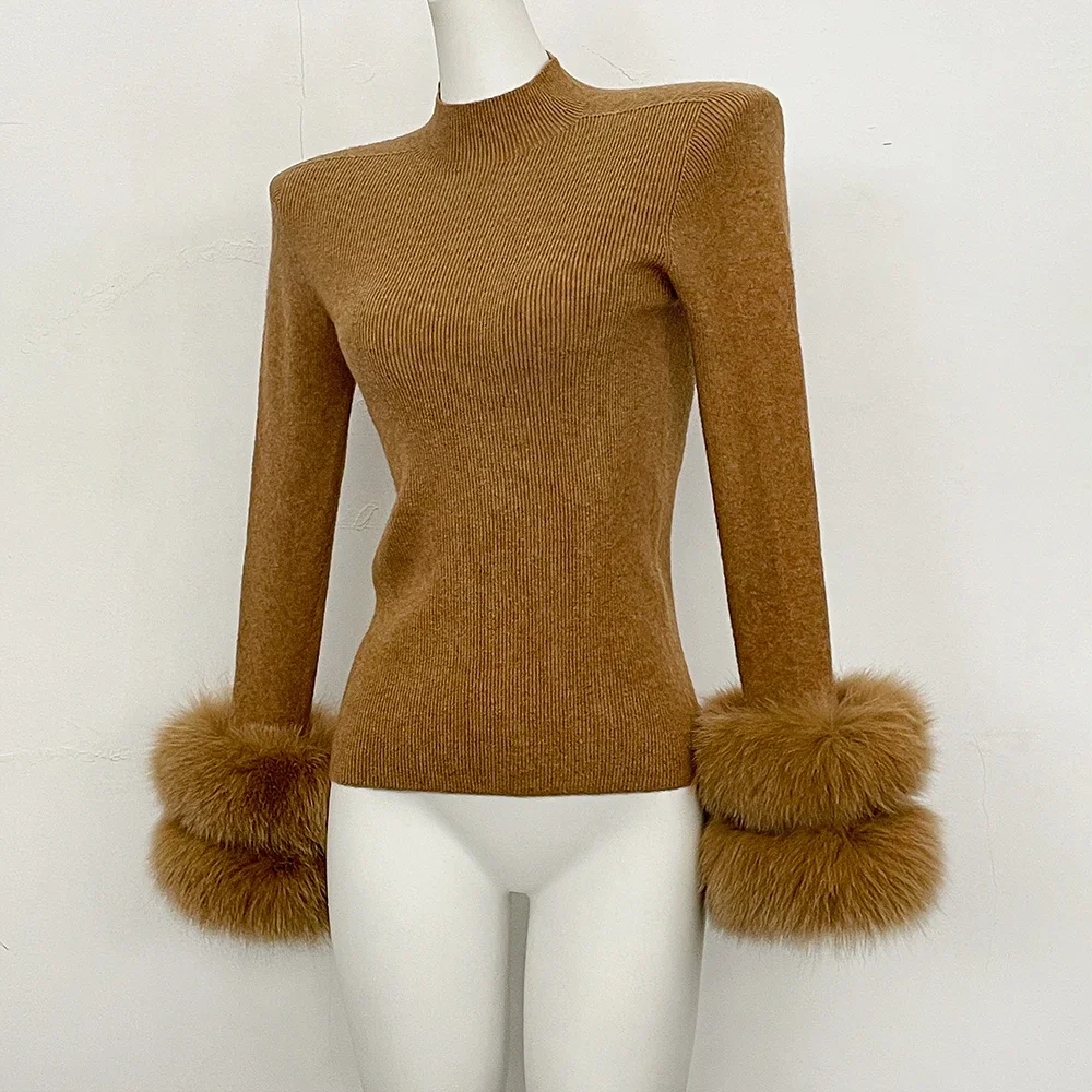 OFTBUY Slim Fit Half Turtleneck Ribbed Knit Sweater for Women Real Fur Cuff Trim Long Sleeve Warm Basic Layering Top New Winter