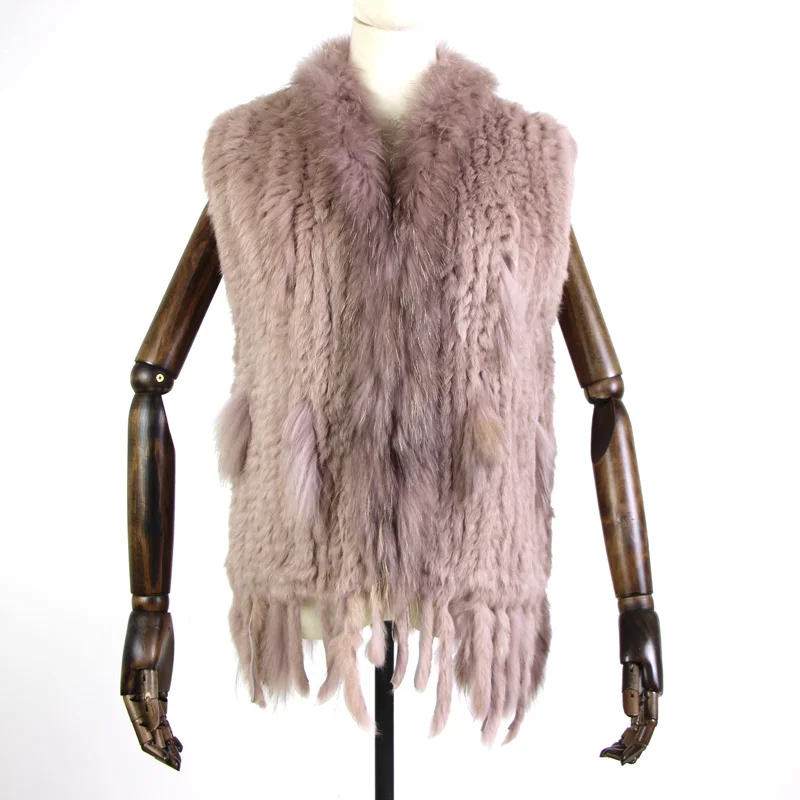 Harppihop womens natural real rabbit fur vest with raccoon fur collar waistcoat/jackets rex rabbit knitted winte