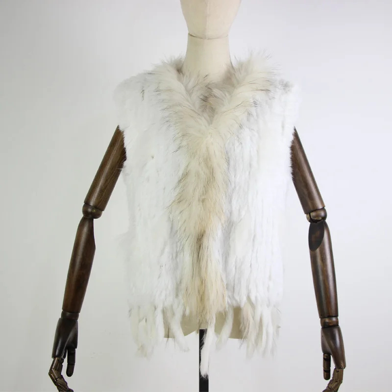 Harppihop womens natural real rabbit fur vest with raccoon fur collar waistcoat/jackets rex rabbit knitted winte