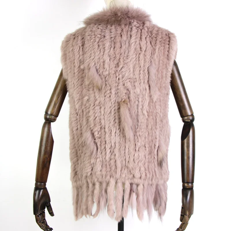 Harppihop womens natural real rabbit fur vest with raccoon fur collar waistcoat/jackets rex rabbit knitted winte