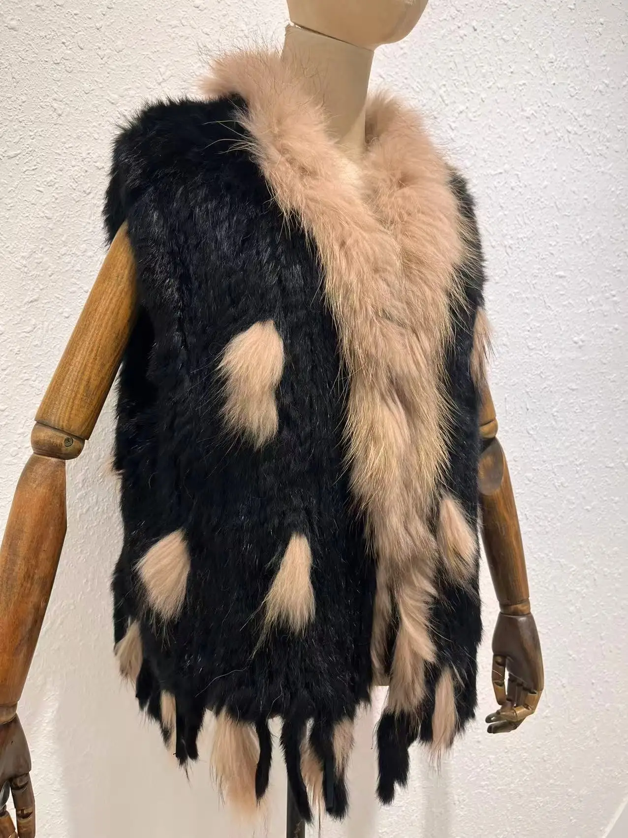 Harppihop womens natural real rabbit fur vest with raccoon fur collar waistcoat/jackets rex rabbit knitted winte