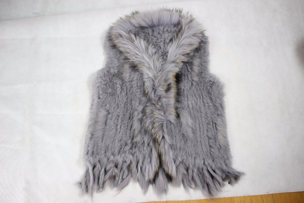 Harppihop womens natural real rabbit fur vest with raccoon fur collar waistcoat/jackets rex rabbit knitted winte