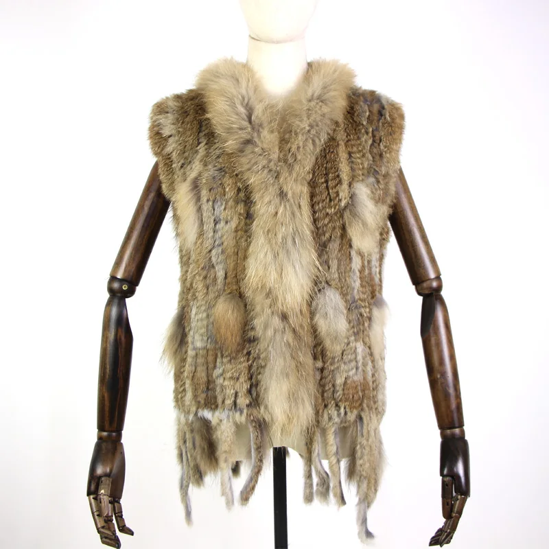 Harppihop womens natural real rabbit fur vest with raccoon fur collar waistcoat/jackets rex rabbit knitted winte