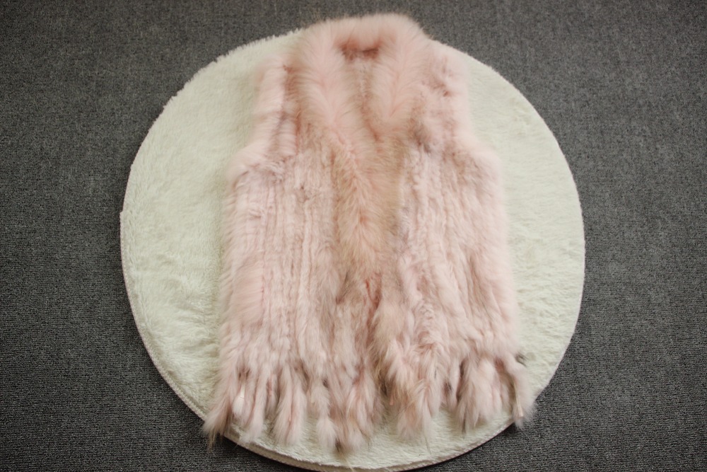 Harppihop womens natural real rabbit fur vest with raccoon fur collar waistcoat/jackets rex rabbit knitted winte