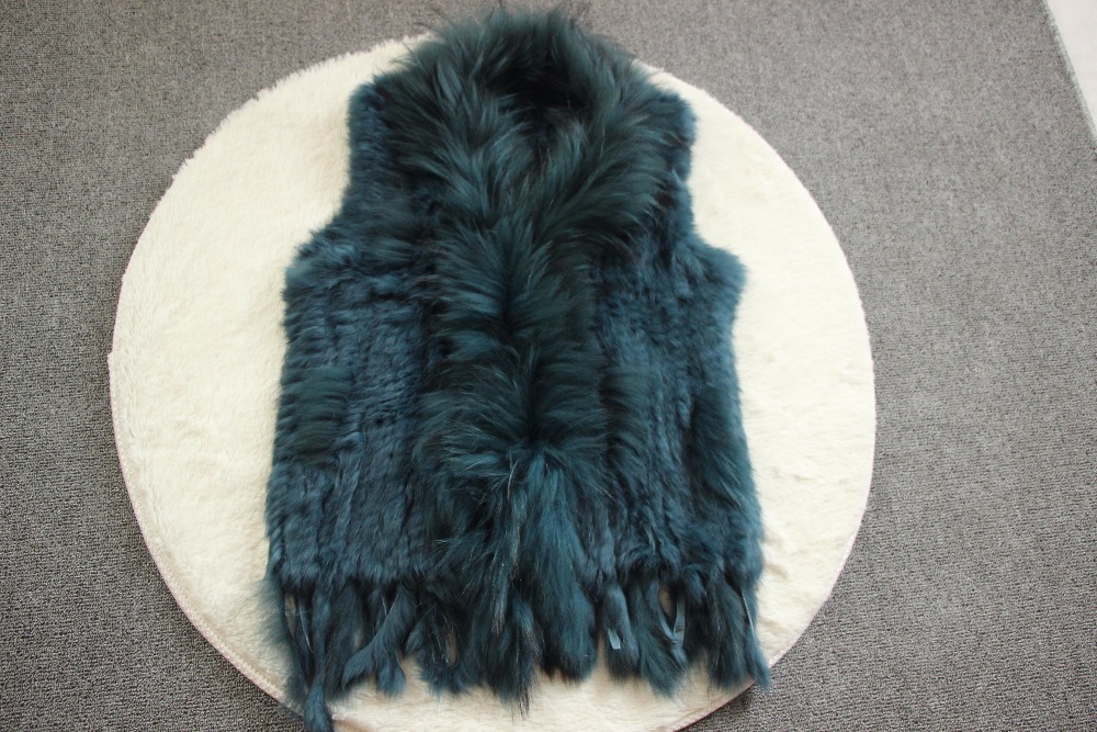 Harppihop womens natural real rabbit fur vest with raccoon fur collar waistcoat/jackets rex rabbit knitted winte