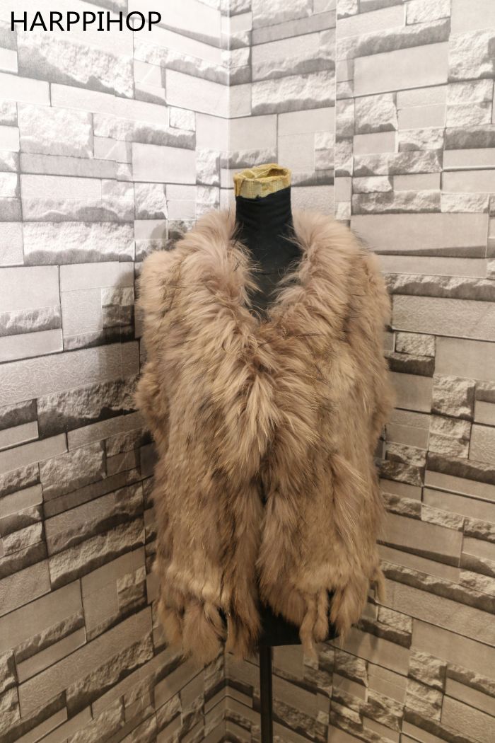 Harppihop womens natural real rabbit fur vest with raccoon fur collar waistcoat/jackets rex rabbit knitted winte
