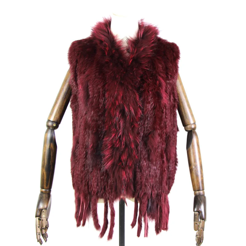 Harppihop womens natural real rabbit fur vest with raccoon fur collar waistcoat/jackets rex rabbit knitted winte
