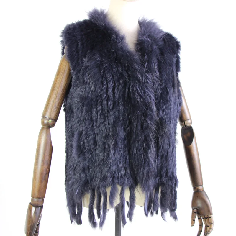 Harppihop womens natural real rabbit fur vest with raccoon fur collar waistcoat/jackets rex rabbit knitted winte