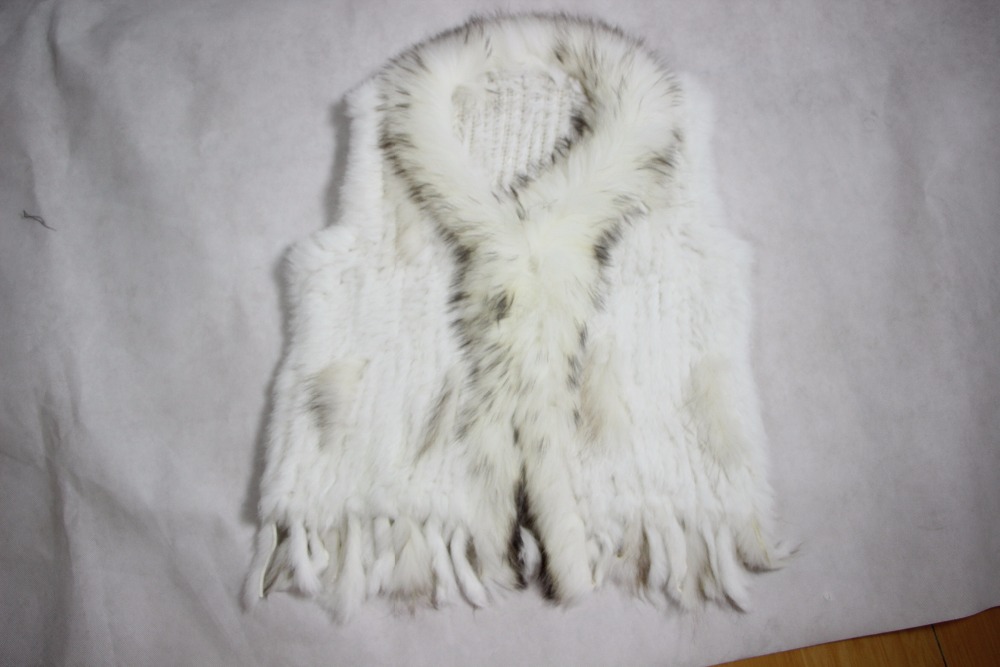 Harppihop womens natural real rabbit fur vest with raccoon fur collar waistcoat/jackets rex rabbit knitted winte