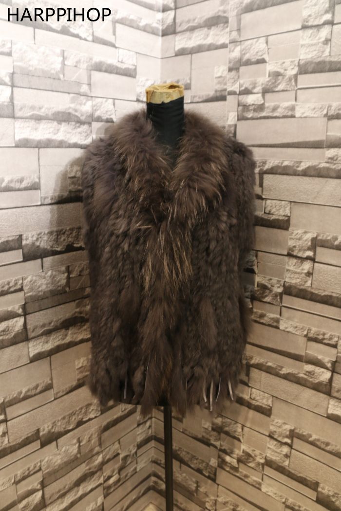 Harppihop womens natural real rabbit fur vest with raccoon fur collar waistcoat/jackets rex rabbit knitted winte