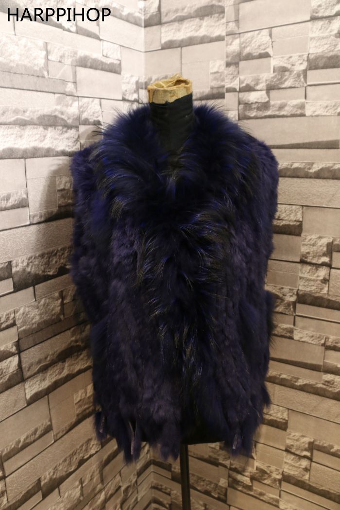 Harppihop womens natural real rabbit fur vest with raccoon fur collar waistcoat/jackets rex rabbit knitted winte