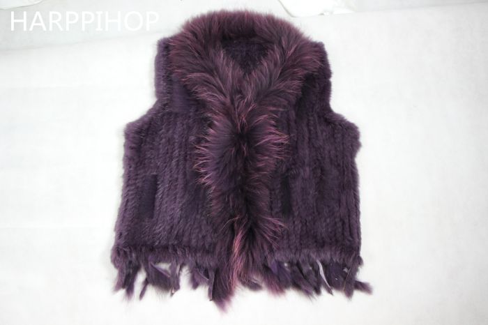 Harppihop womens natural real rabbit fur vest with raccoon fur collar waistcoat/jackets rex rabbit knitted winte