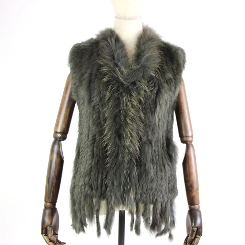 Harppihop womens natural real rabbit fur vest with raccoon fur collar waistcoat/jackets rex rabbit knitted winte