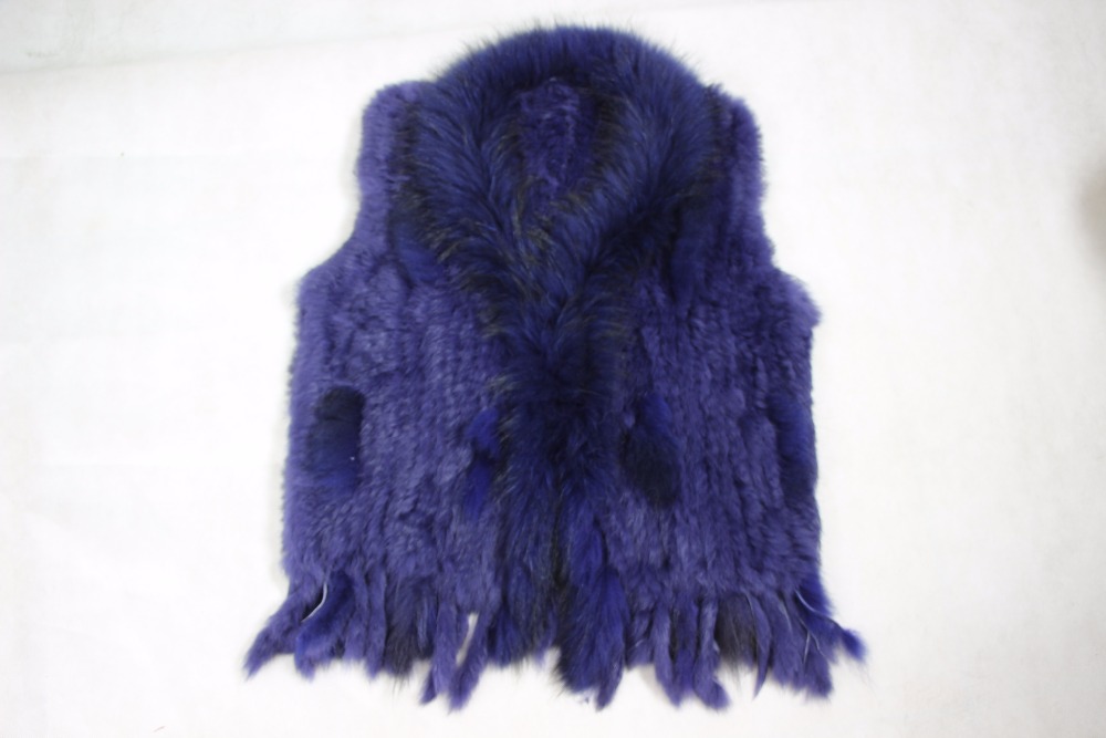 Harppihop womens natural real rabbit fur vest with raccoon fur collar waistcoat/jackets rex rabbit knitted winte