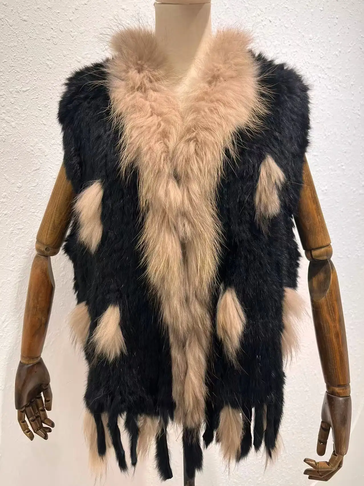 Harppihop womens natural real rabbit fur vest with raccoon fur collar waistcoat/jackets rex rabbit knitted winte