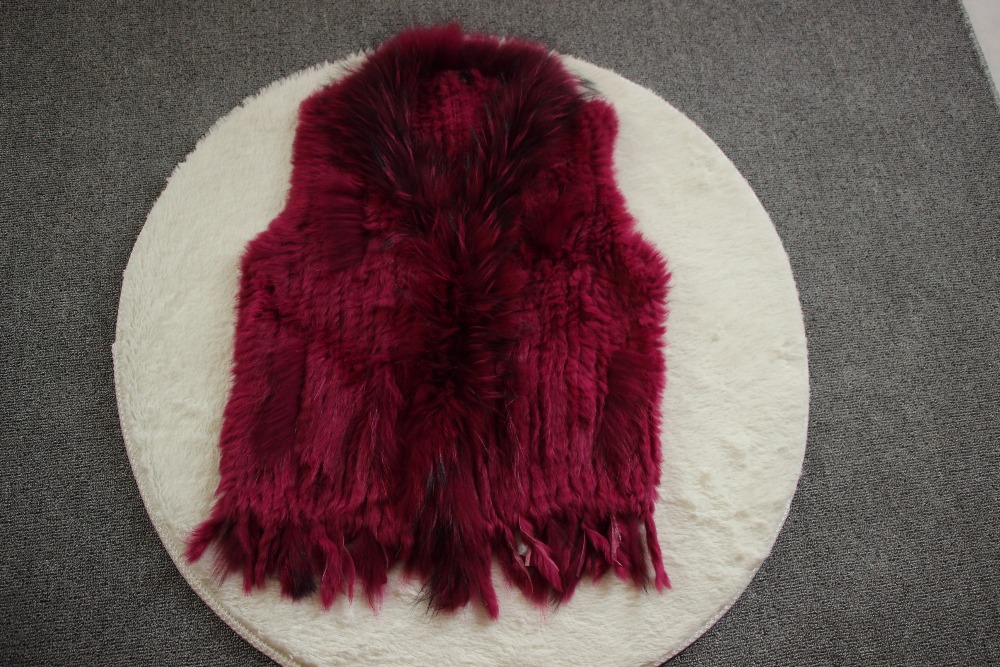 Harppihop womens natural real rabbit fur vest with raccoon fur collar waistcoat/jackets rex rabbit knitted winte