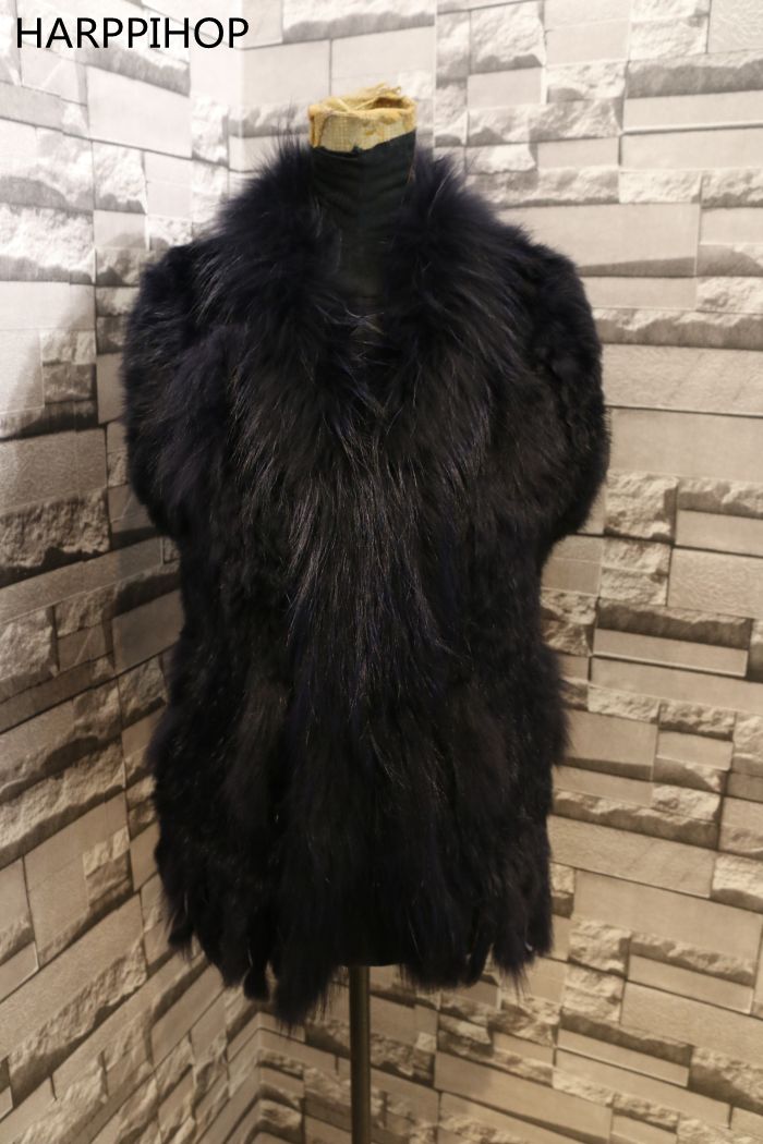 Harppihop womens natural real rabbit fur vest with raccoon fur collar waistcoat/jackets rex rabbit knitted winte