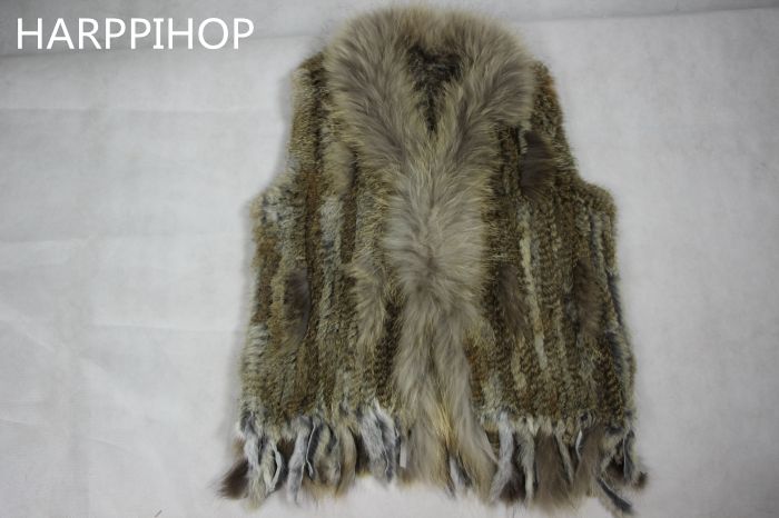 Harppihop womens natural real rabbit fur vest with raccoon fur collar waistcoat/jackets rex rabbit knitted winte