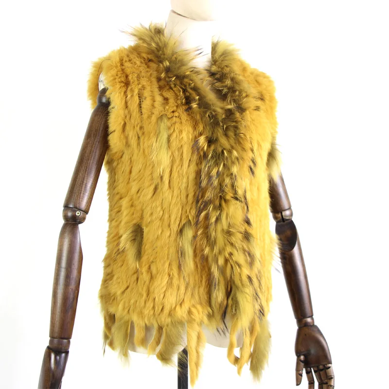 Harppihop womens natural real rabbit fur vest with raccoon fur collar waistcoat/jackets rex rabbit knitted winte