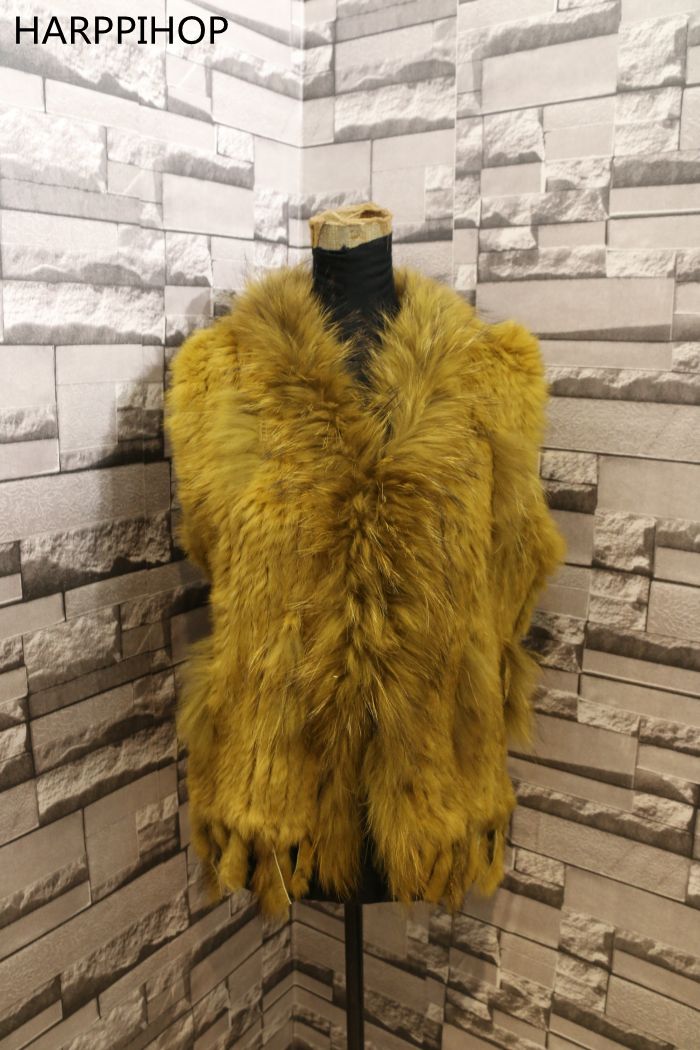 Harppihop womens natural real rabbit fur vest with raccoon fur collar waistcoat/jackets rex rabbit knitted winte