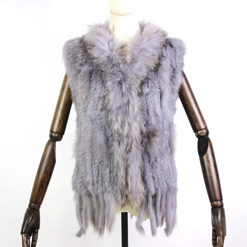 Harppihop womens natural real rabbit fur vest with raccoon fur collar waistcoat/jackets rex rabbit knitted winte