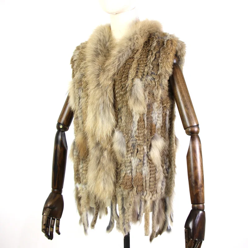 Harppihop womens natural real rabbit fur vest with raccoon fur collar waistcoat/jackets rex rabbit knitted winte