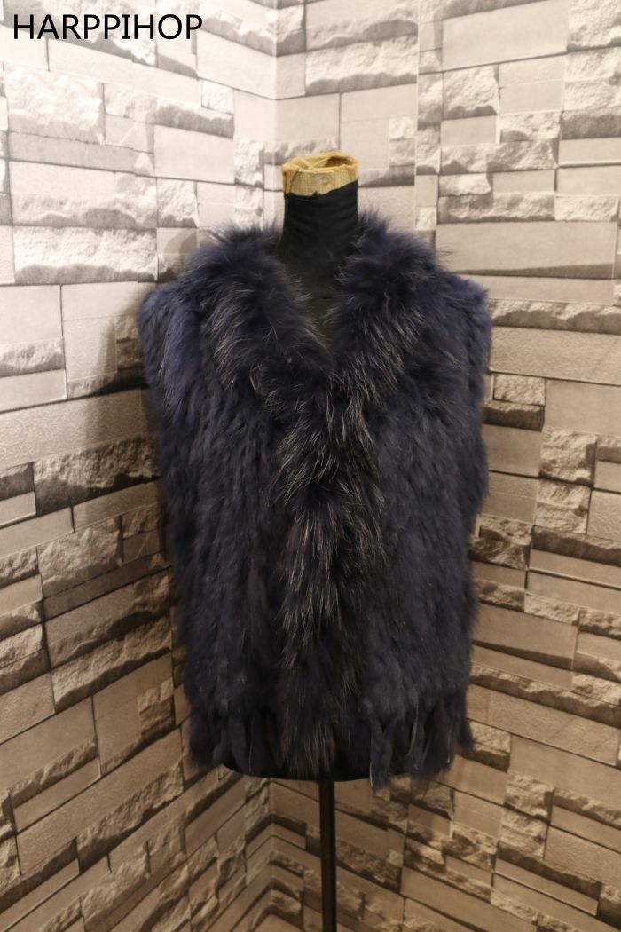 Harppihop womens natural real rabbit fur vest with raccoon fur collar waistcoat/jackets rex rabbit knitted winte