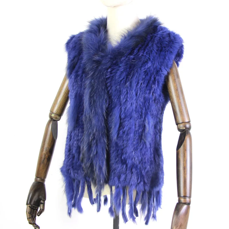 Harppihop womens natural real rabbit fur vest with raccoon fur collar waistcoat/jackets rex rabbit knitted winte