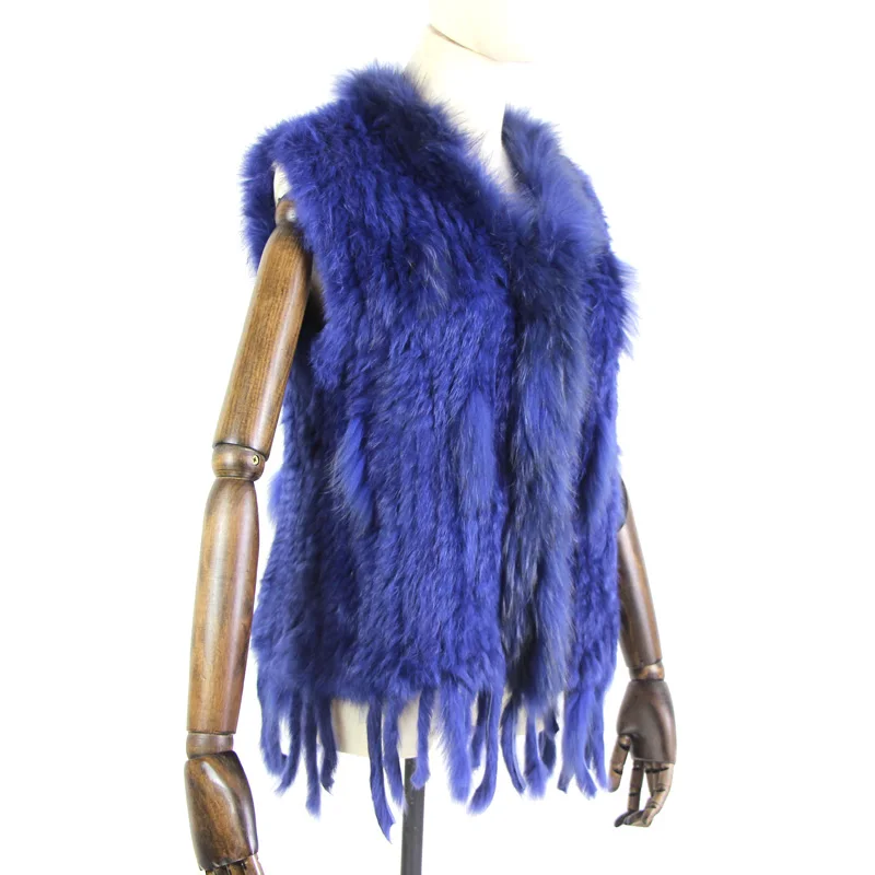 Harppihop womens natural real rabbit fur vest with raccoon fur collar waistcoat/jackets rex rabbit knitted winte