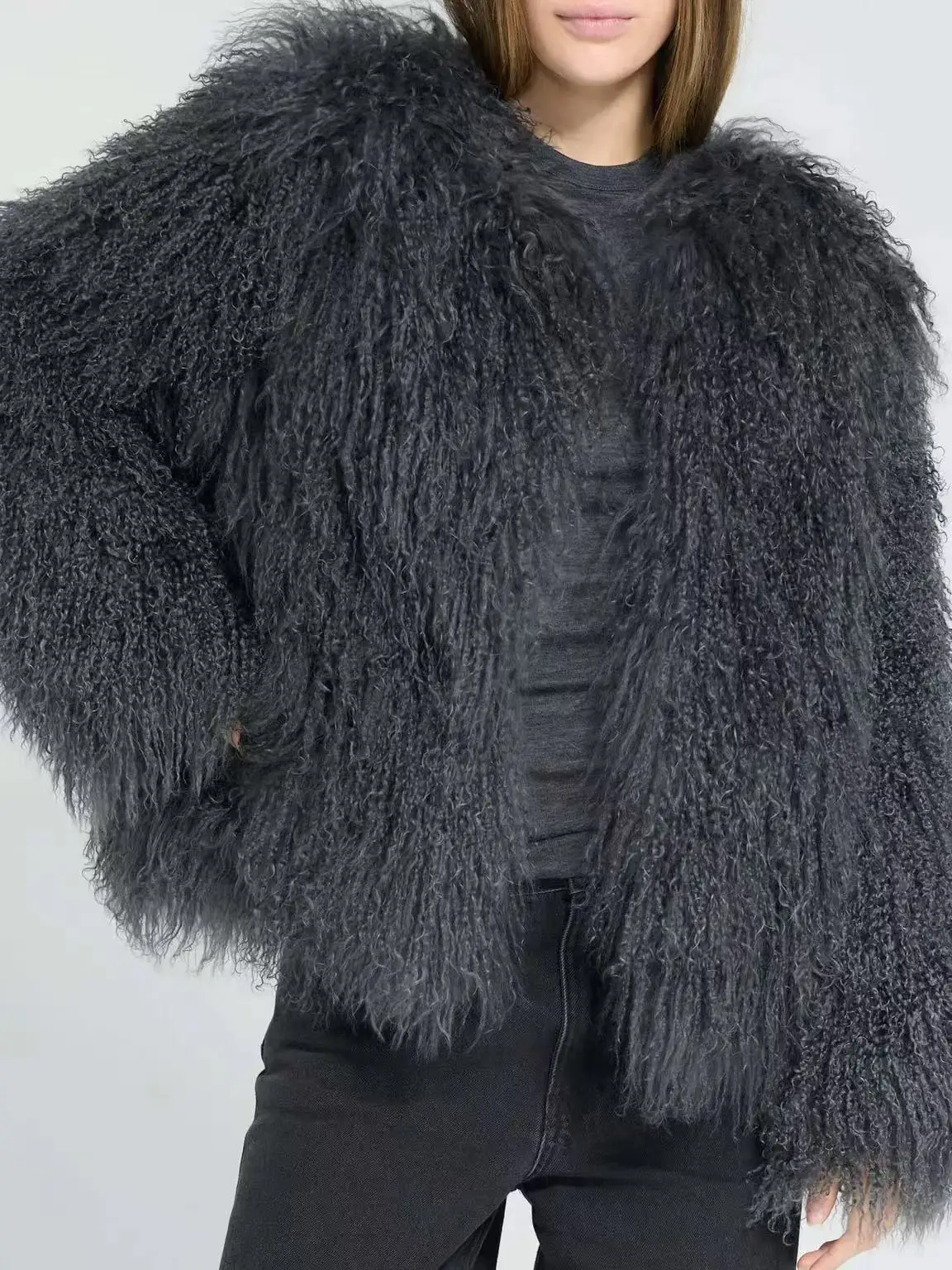 Mongolian Fur Coat Fur Jacket Women's Elegant Fluffy Solid Color Thickened Thermal Long Sleeve Coat Winter Fashion Oversized Lad