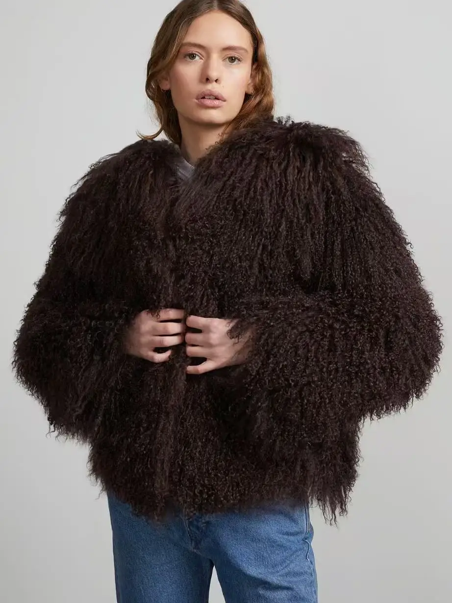 Mongolian Fur Coat Fur Jacket Women's Elegant Fluffy Solid Color Thickened Thermal Long Sleeve Coat Winter Fashion Oversized Lad