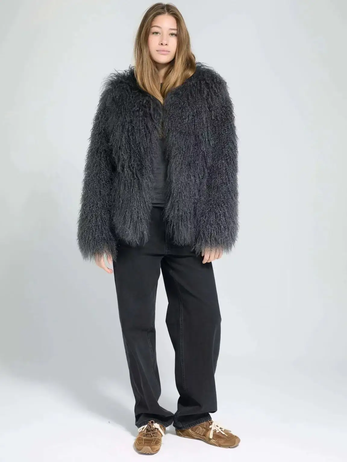 Mongolian Fur Coat Fur Jacket Women's Elegant Fluffy Solid Color Thickened Thermal Long Sleeve Coat Winter Fashion Oversized Lad