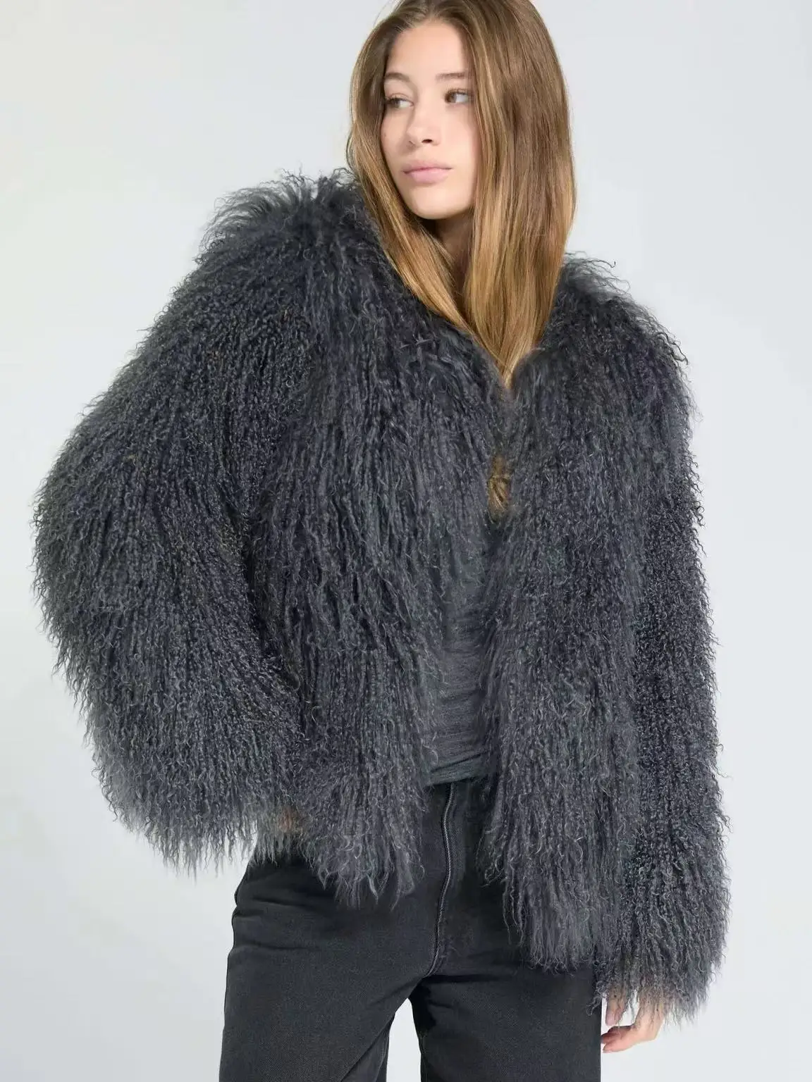 Mongolian Fur Coat Fur Jacket Women's Elegant Fluffy Solid Color Thickened Thermal Long Sleeve Coat Winter Fashion Oversized Lad