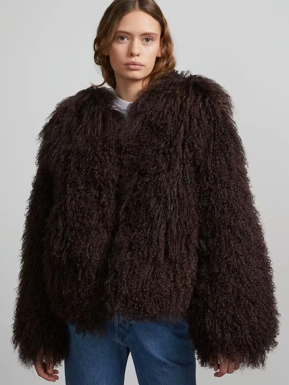 Mongolian Fur Coat Fur Jacket Women's Elegant Fluffy Solid Color Thickened Thermal Long Sleeve Coat Winter Fashion Oversized Lad