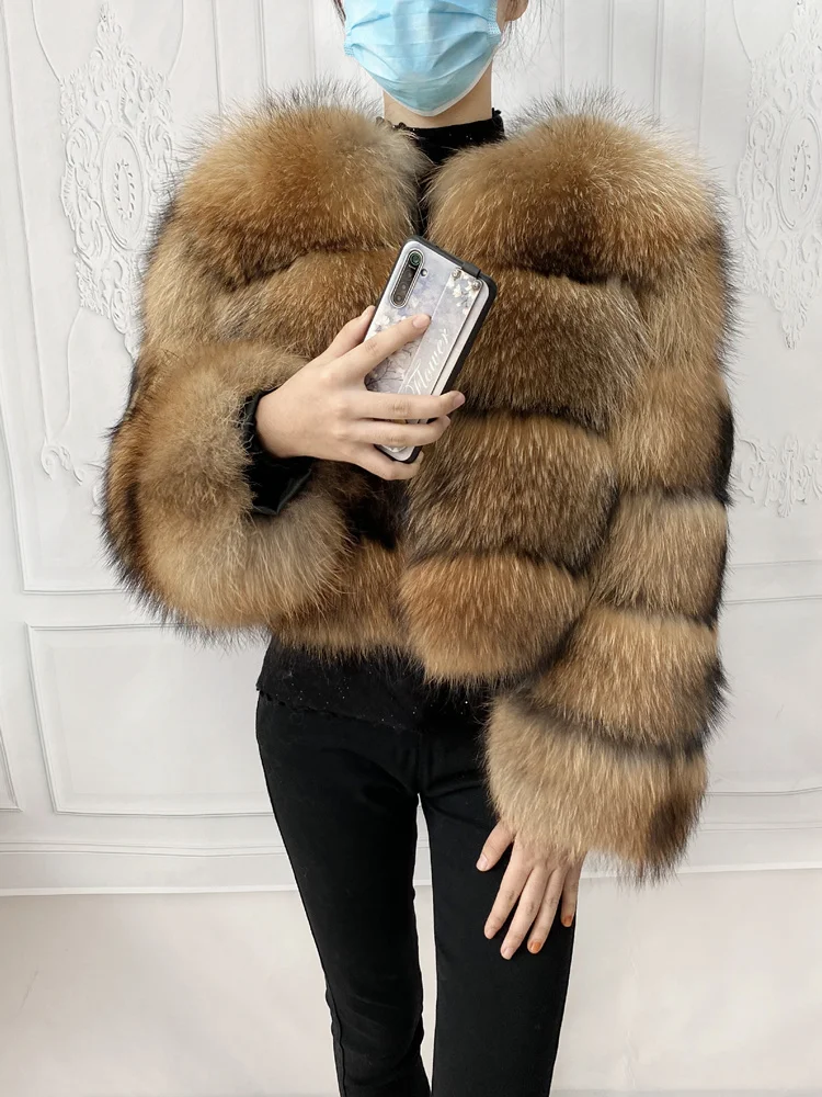 Real Natural Raccoon Jacket Women's Fashion Coats Real Fur Coat Round Neck Warm Thick Hoodie Detachable New Style