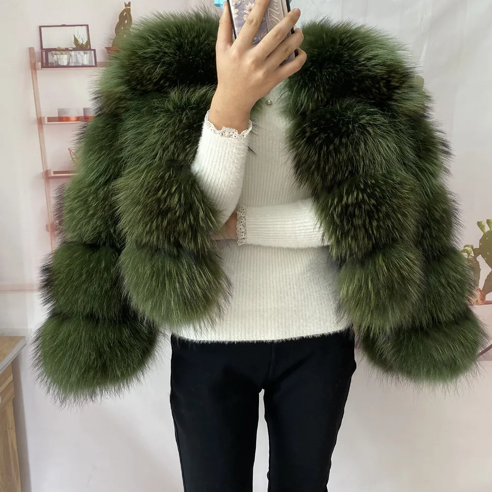 Real Natural Raccoon Jacket Women's Fashion Coats Real Fur Coat Round Neck Warm Thick Hoodie Detachable New Style
