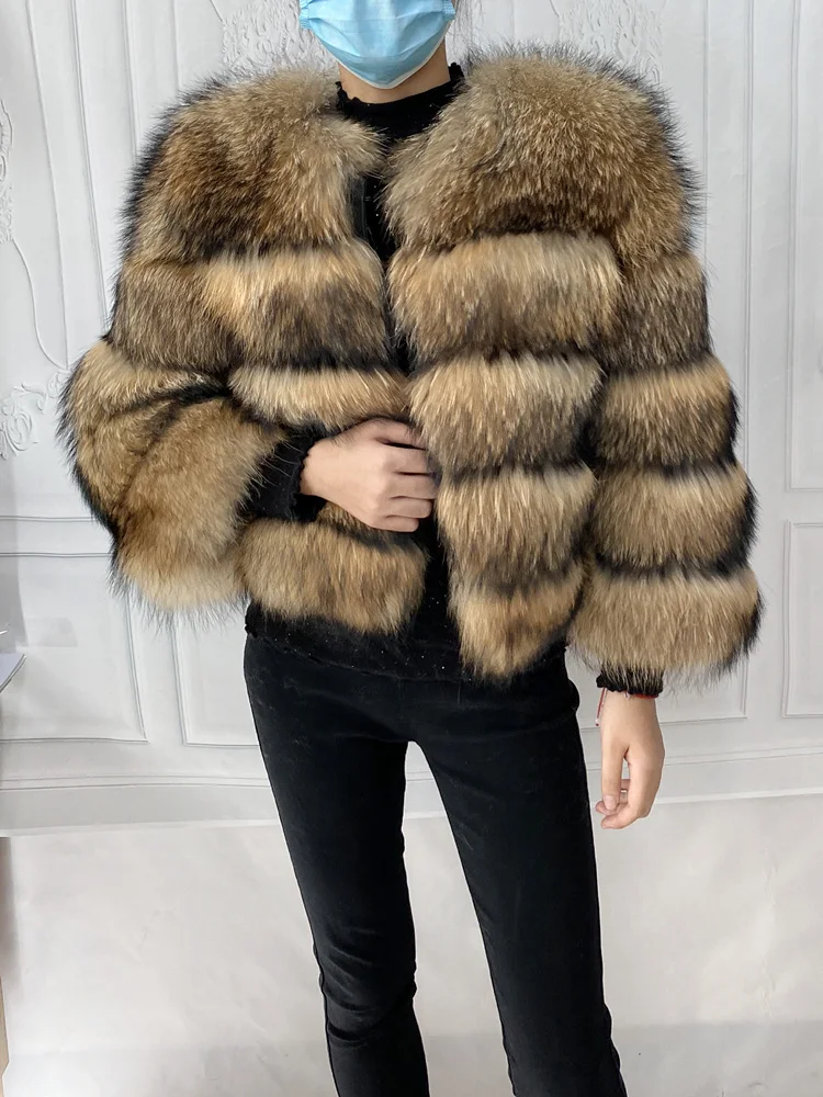 Real Natural Raccoon Jacket Women's Fashion Coats Real Fur Coat Round Neck Warm Thick Hoodie Detachable New Style