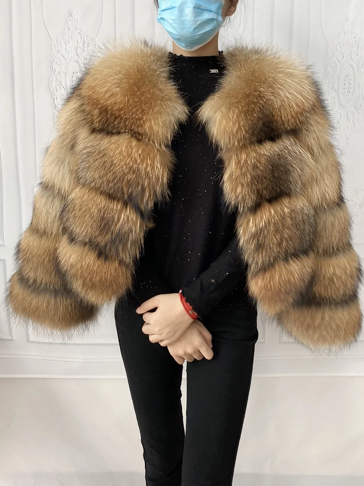 Real Natural Raccoon Jacket Women's Fashion Coats Real Fur Coat Round Neck Warm Thick Hoodie Detachable New Style