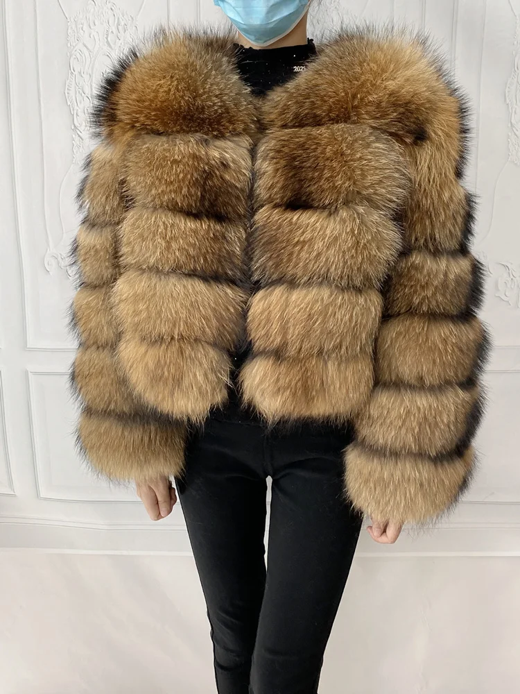 Real Natural Raccoon Jacket Women's Fashion Coats Real Fur Coat Round Neck Warm Thick Hoodie Detachable New Style