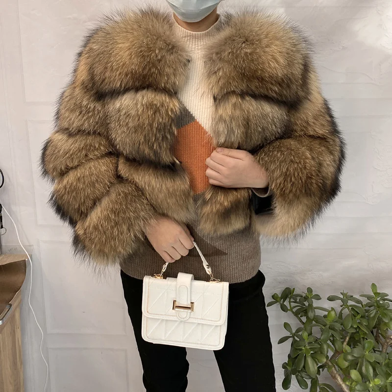 Real Natural Raccoon Jacket Women's Fashion Coats Real Fur Coat Round Neck Warm Thick Hoodie Detachable New Style