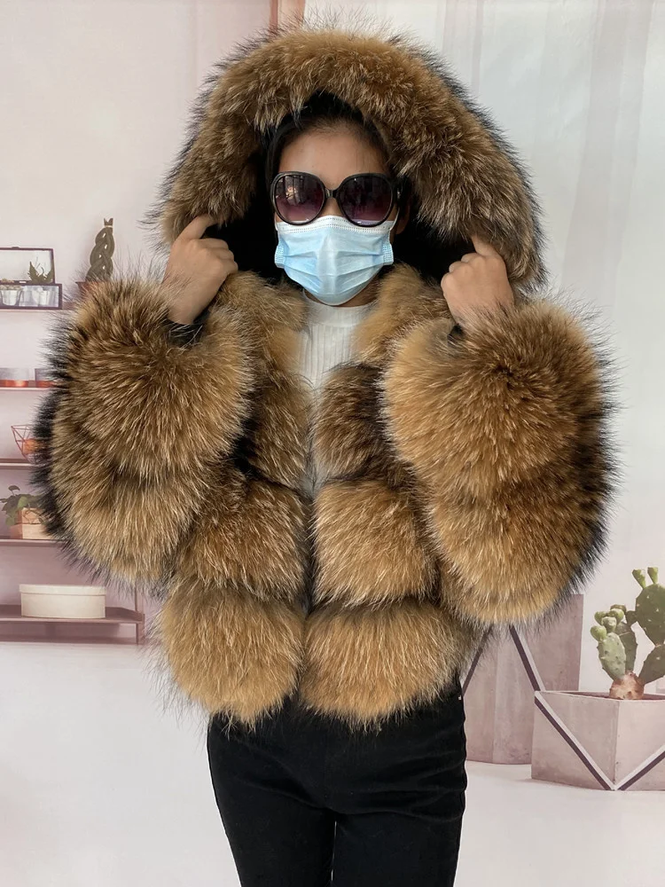 Real Natural Raccoon Jacket Women's Fashion Coats Real Fur Coat Round Neck Warm Thick Hoodie Detachable New Style