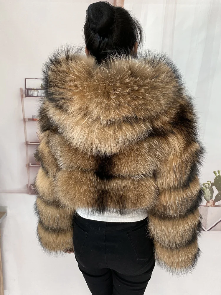 Real Natural Raccoon Jacket Women's Fashion Coats Real Fur Coat Round Neck Warm Thick Hoodie Detachable New Style