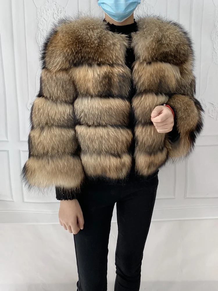 Real Natural Raccoon Jacket Women's Fashion Coats Real Fur Coat Round Neck Warm Thick Hoodie Detachable New Style