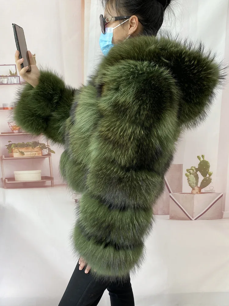 Real Natural Raccoon Jacket Women's Fashion Coats Real Fur Coat Round Neck Warm Thick Hoodie Detachable New Style