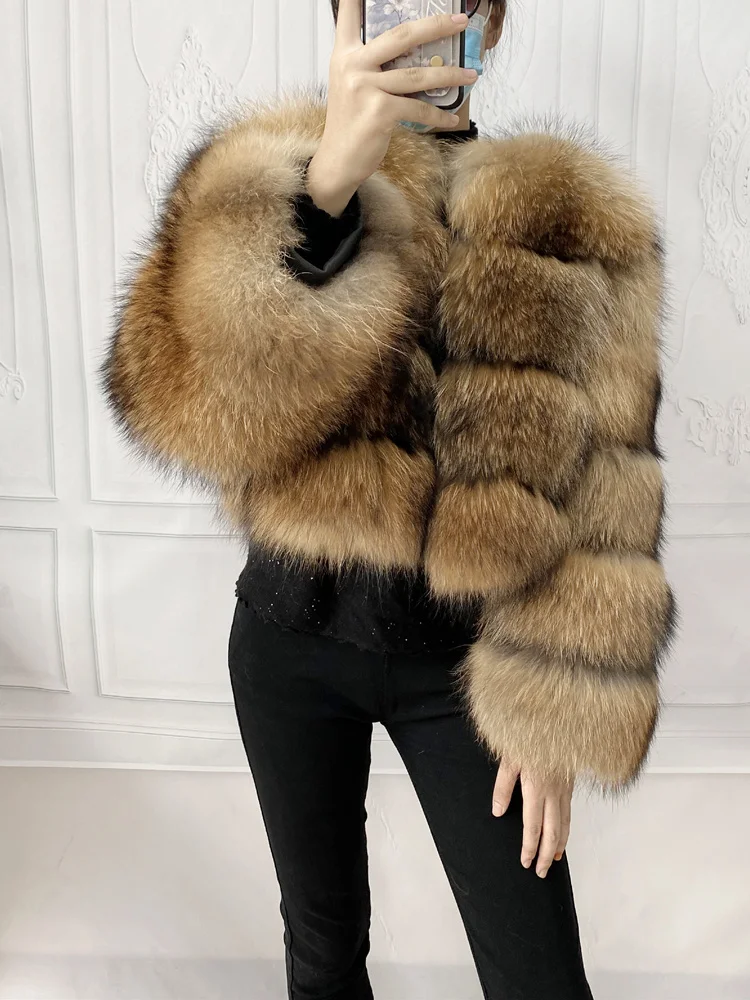 Real Natural Raccoon Jacket Women's Fashion Coats Real Fur Coat Round Neck Warm Thick Hoodie Detachable New Style