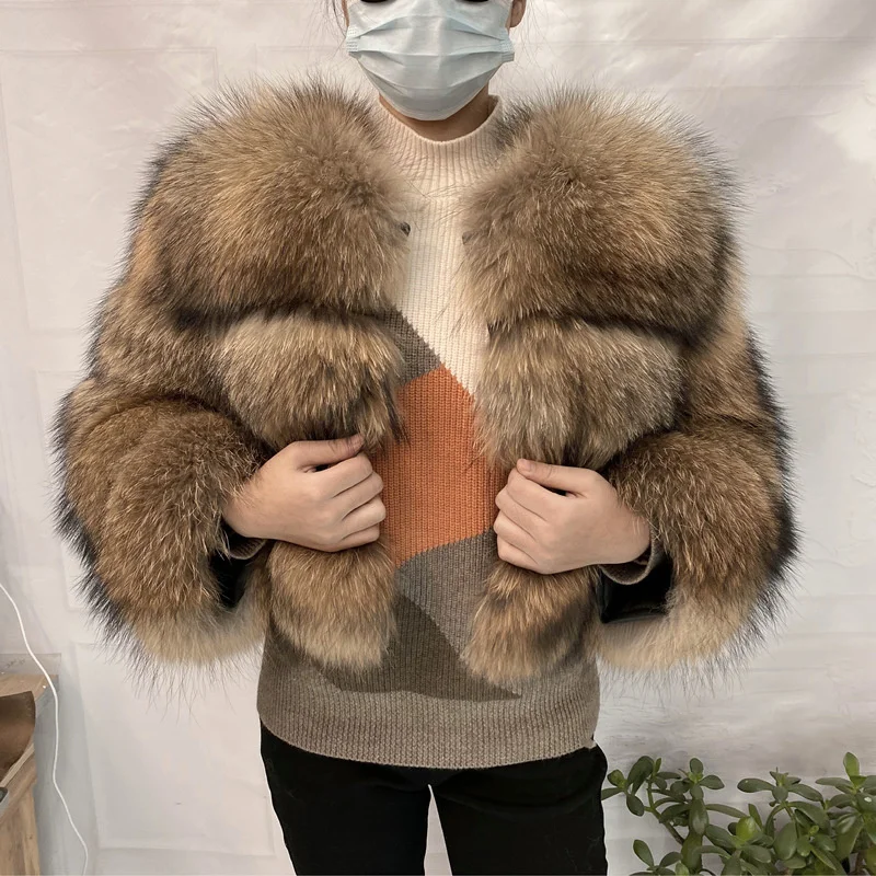 Real Natural Raccoon Jacket Women's Fashion Coats Real Fur Coat Round Neck Warm Thick Hoodie Detachable New Style